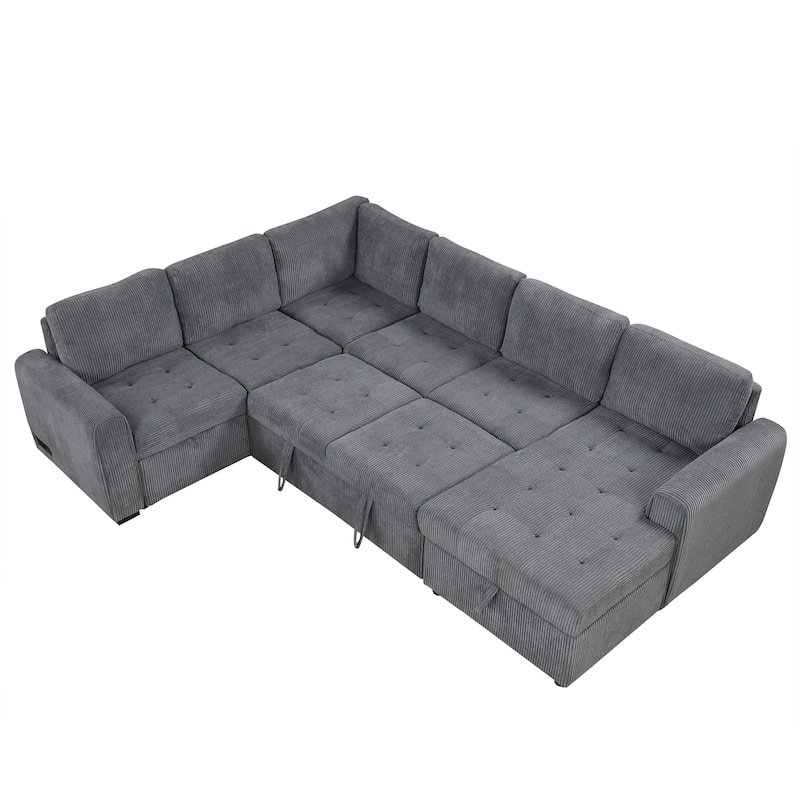 107.5" U-Shaped 5-Seater Sectional Sofa with Pull-Out Bed, Storage Chaise Lounge, USB Ports, and Power Outlets