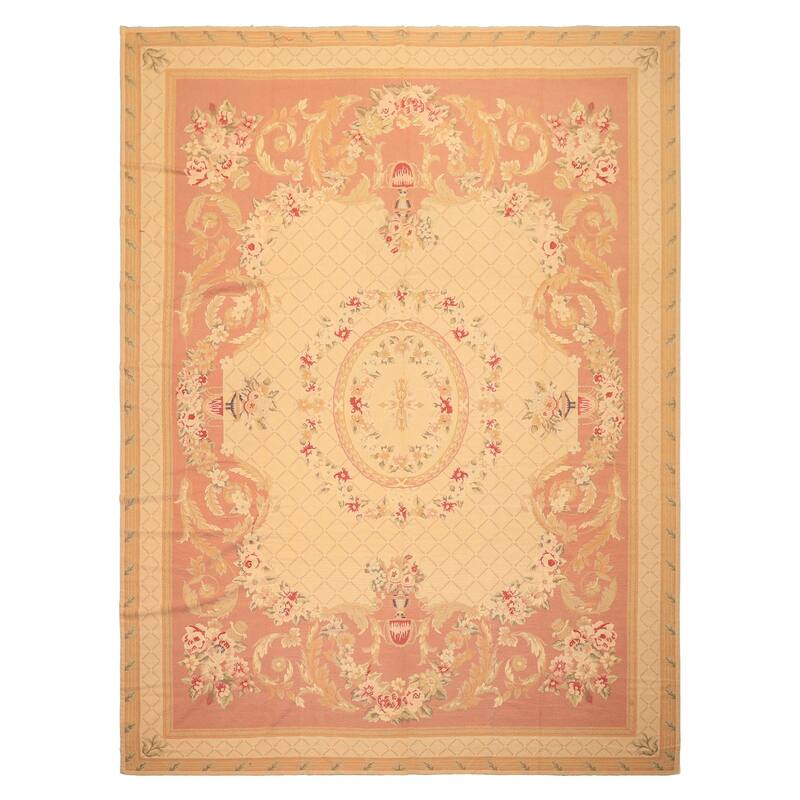 8'3''x10'9'' Hand Woven Flatweave Wool Light Gold French Aubusson Needlepoint Rug - 8' 3'' x 10' 9''