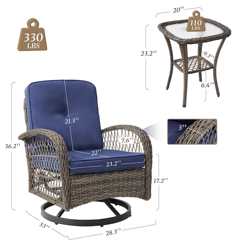 COZYMAN Outdoor Patio 3-Piece Wicker Conversation Set Swivel Rocking Chat Chairs