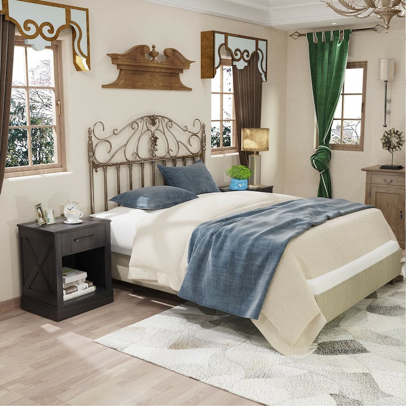 Gymax 2PCS Nightstand with Drawer and Shelf Rustic Wooden Bedside