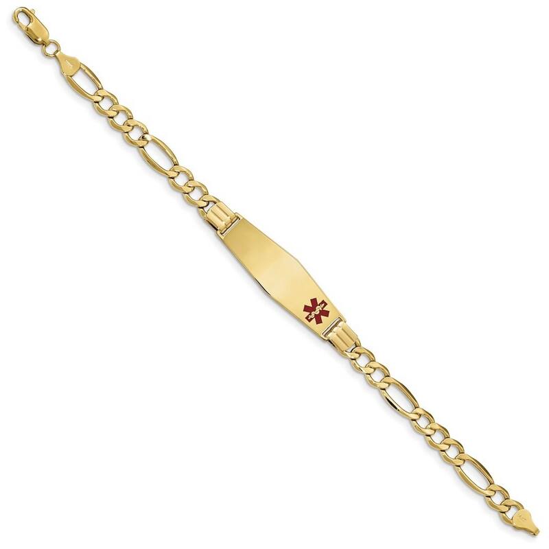 Curata 14k Yellow Gold 8" 13.5mm Engravable Medical Red Enamel Figaro Link ID Bracelet