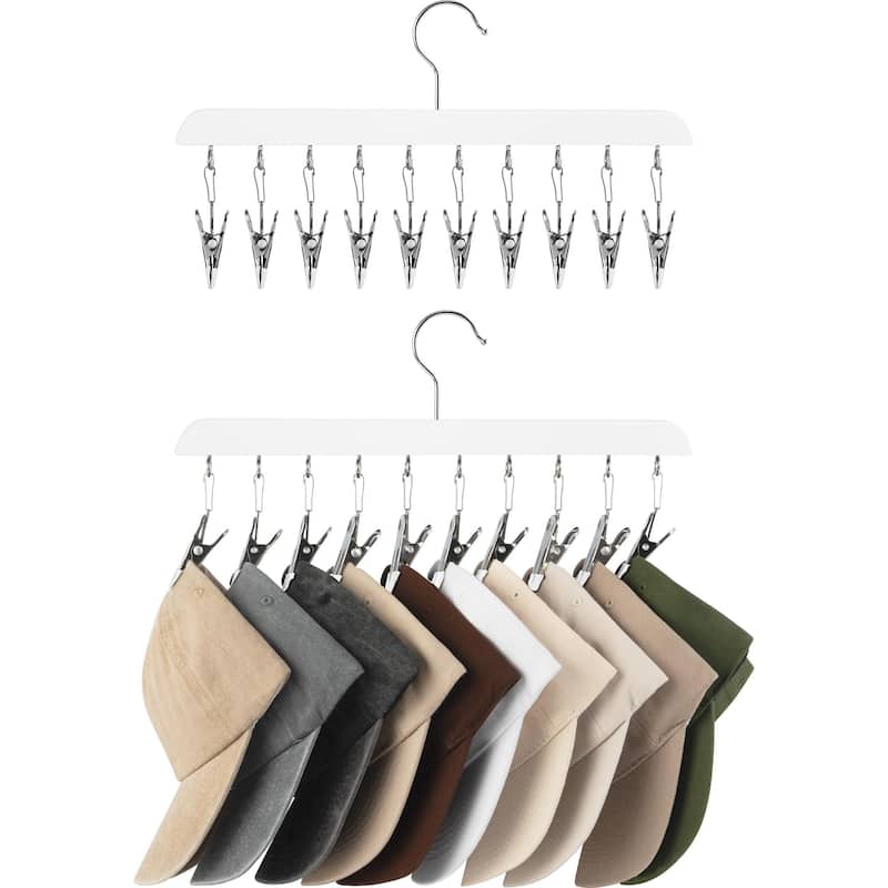 2 Pack Hat Organizer for Closet, Cap Storage Rack with 10 Adjustable Stainless Steel Clips - 14"D x 7.5"W x 1.25"H - White