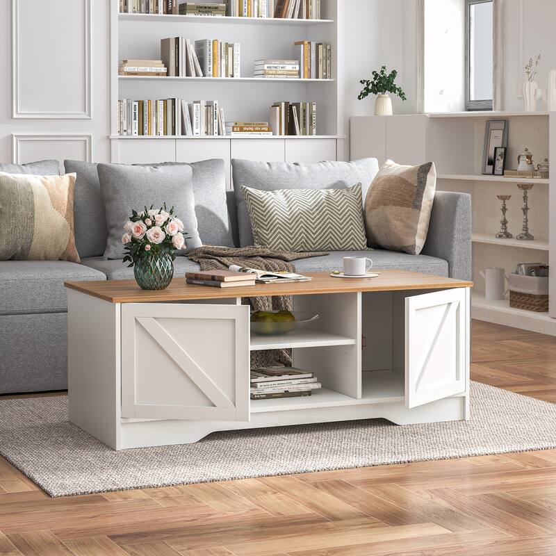 47" Rustic Farmhouse Coffee Table with Storage & Sliding Doors