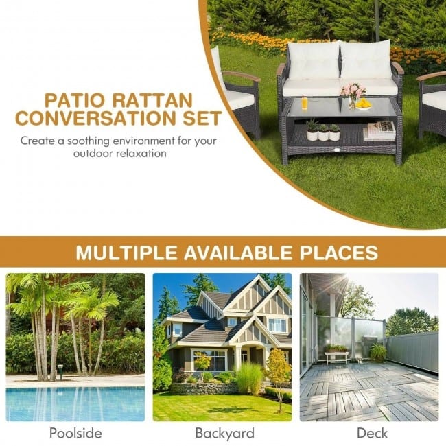 4 Pieces Patio Rattan Furniture Set with Cushioned Sofa and Storage Table - 46.5" x 23.5" x 30" (L x W x H)