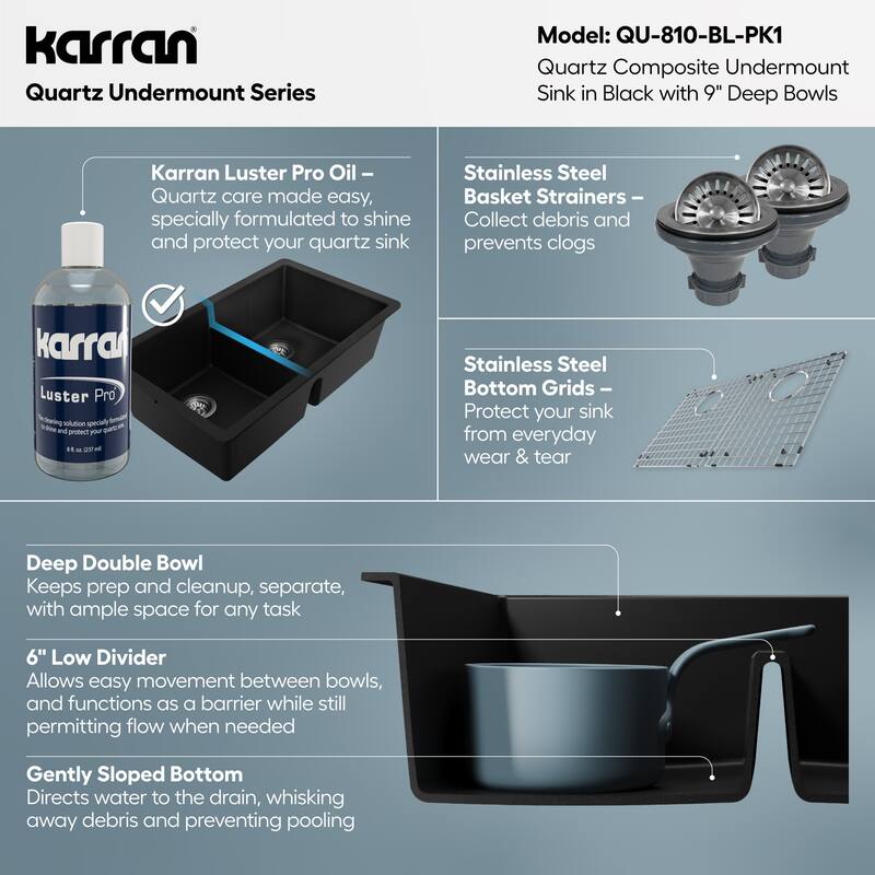 Karran 32" Undermount Double Equal Bowl Quartz Kitchen Sink Kit - 32" x 19.5" x 9"