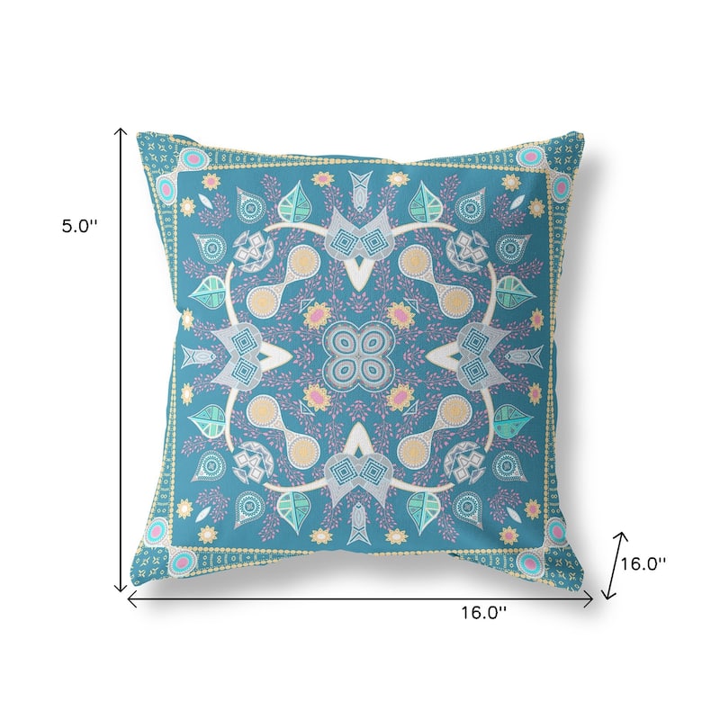 HomeRoots 16" x 16" Aqua Blown Seam Paisley Indoor Outdoor Throw Pillow - 16.00' X '5.00' X '16.00