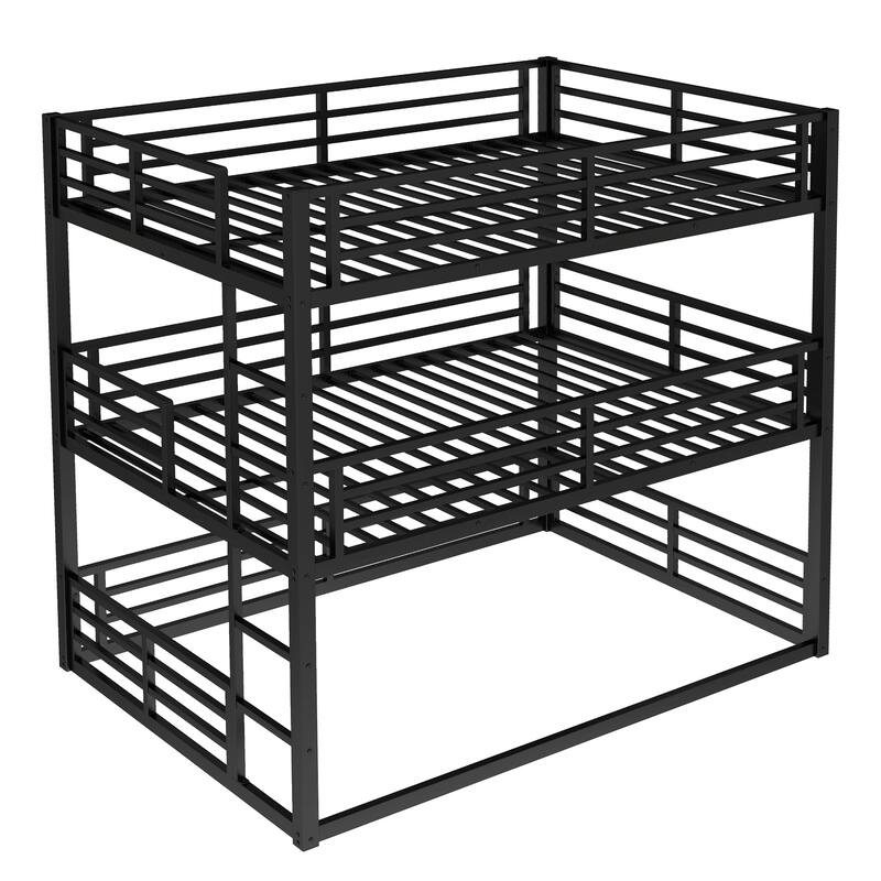Full Size Triple Metal Bunk Bed with Safety Guardrails, Space-Saving Design, Noise-Reduced, Black
