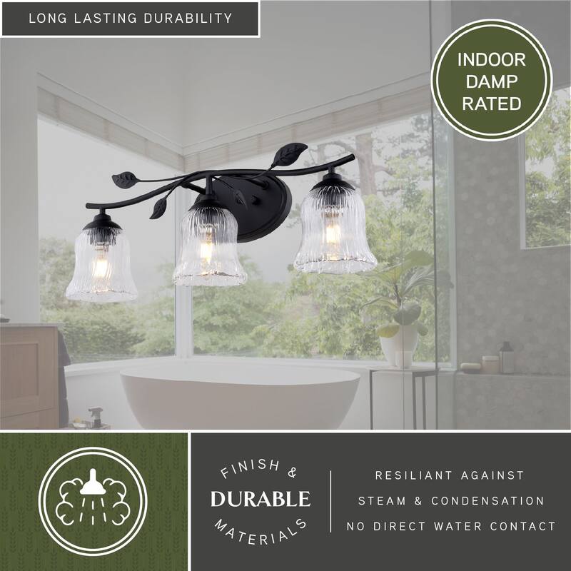 Fairwood 3-Light 21 in. Wide Black Rustic Bathroom Vanity Wall Lighting, Clear Glass Shade, Dimmable, LED Compatible