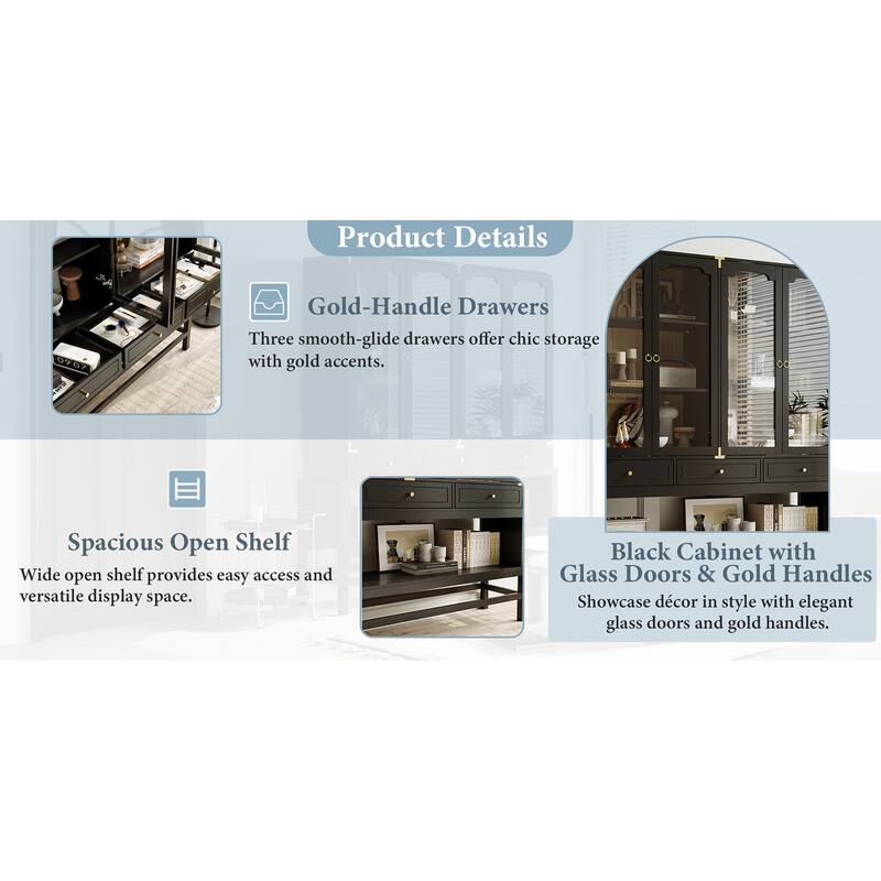 Bookshelves Black Display Cabinet with Glass Doors, Wood Grain Back, Metal Corner Accents - 66.1"x74.8"