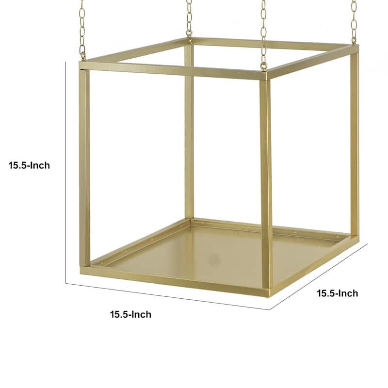 16 Inch Modern Iron Plant Stand, 4 Chains, Open Cube Design, Gold Finish