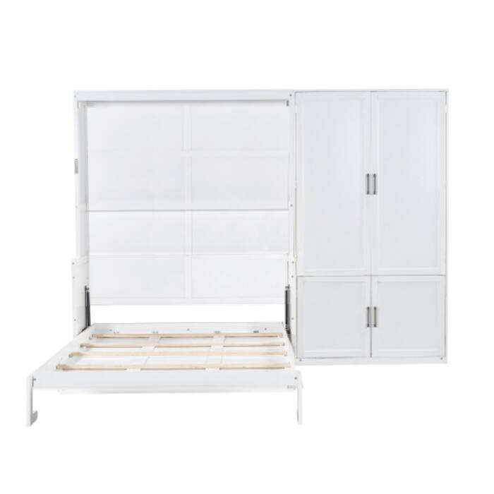 Queen Size Murphy Bed with Built-in Closet, Space Saving Wall Bed Cabinet with Hanging Storage & Shelves