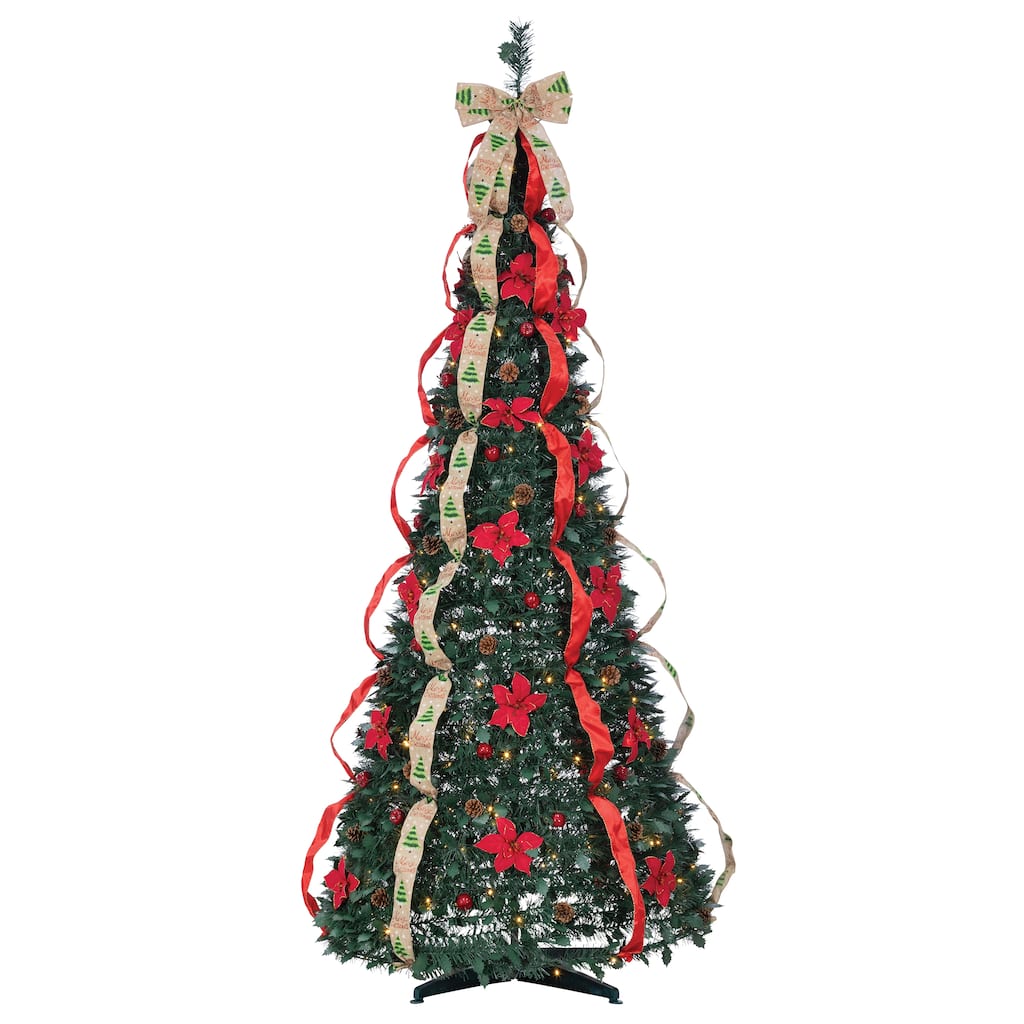 7.5 Foot High Decorated Green Pop Up Pre Lit Pine Tree with 200 Warm White Lights