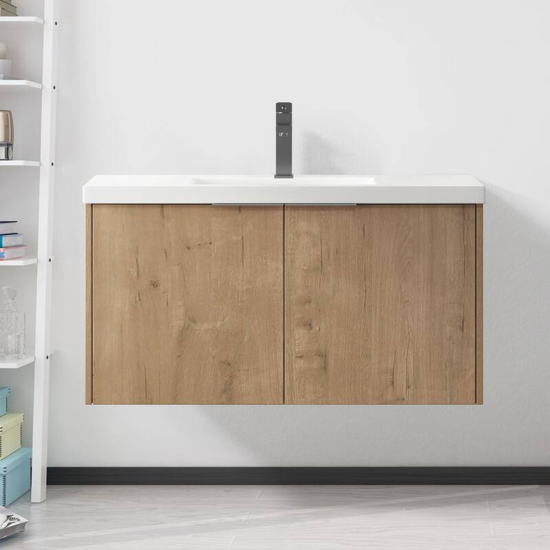 Floating Bathroom Vanity with Resin Sink, Soft Closing Doors, Metal Handles, and Ample Storage Space - 35.4in L Plywood - Imitative Oak