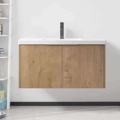 Floating Bathroom Vanity with Resin Sink, Soft Closing Doors, Metal Handles, and Ample Storage Space - 35.4in L Plywood