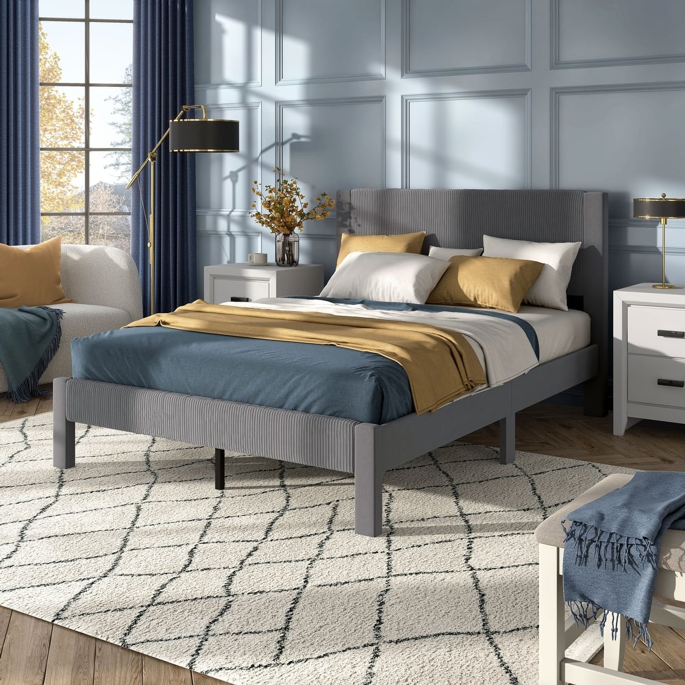 Furniture of America Alyssa Modern Velvet Upholstered Platform Bed with Channel Headboard and Wooden Slats