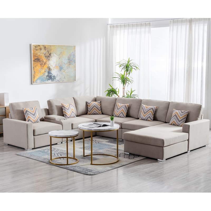 Linen Fabric 7 Piece U-Shaped Reversible Chaise Sectional Sofa with Storage Console Table and 6 Pillows