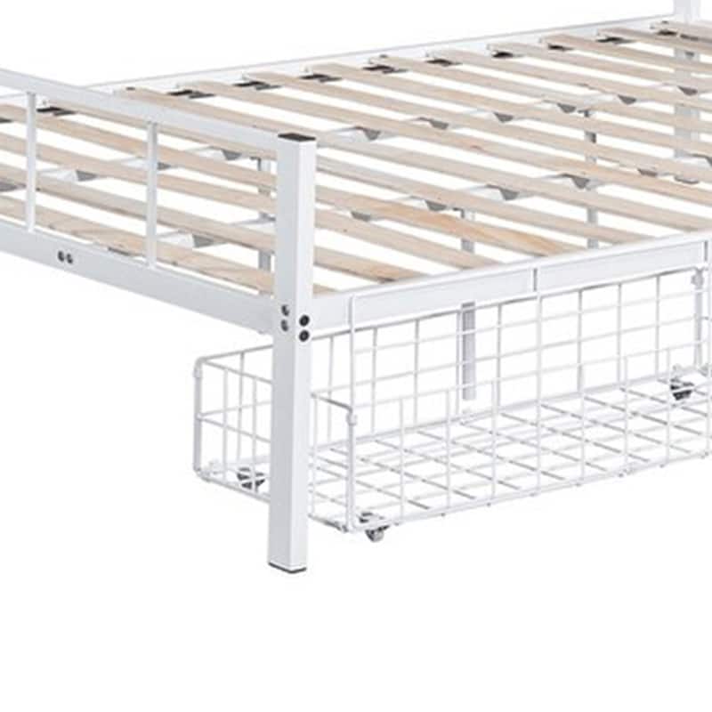 Nix Queen Size Bed w Underbed Storage, Slatted White Metal Headboard