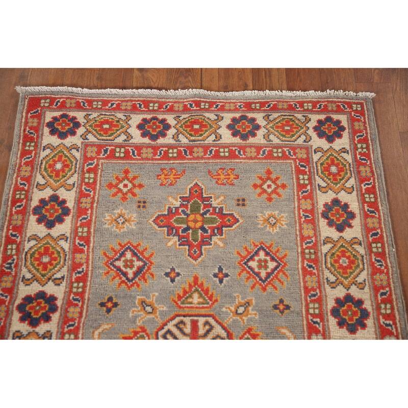 Geometric Kazak Accent Rug Hand-Knotted Grey Wool Carpet - 2'8"x 4'2"