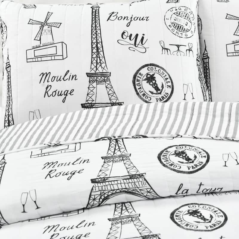 Lush Decor Paris Bonjour Reversible 3 Piece Cotton Quilt Set
