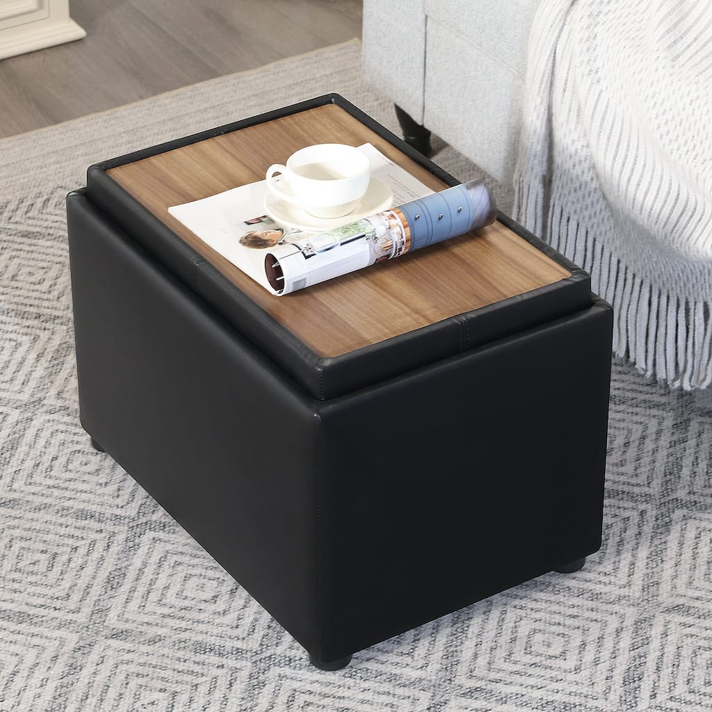 Adeco Faux Leather Rectangle Storage Ottoman with Reversible Tray