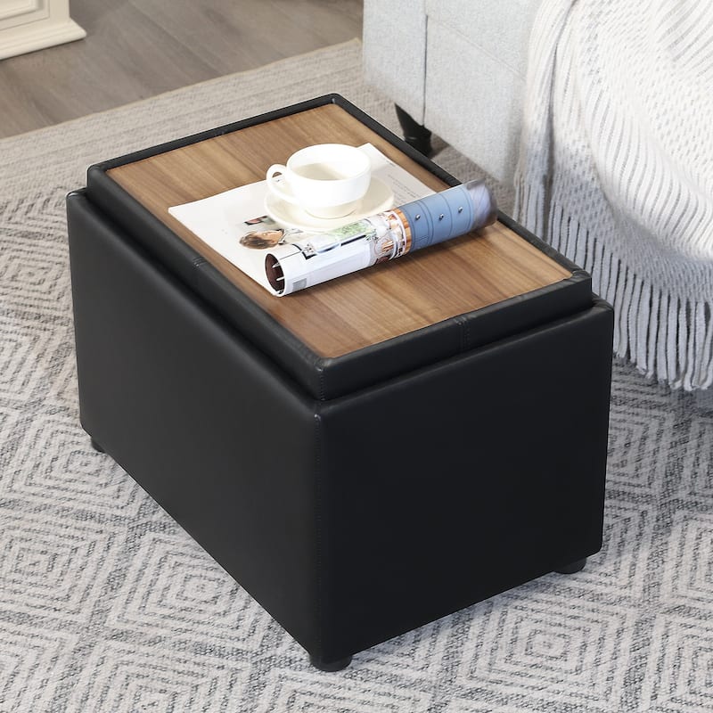 Adeco Faux Leather Rectangle Storage Ottoman with Reversible Tray - Black