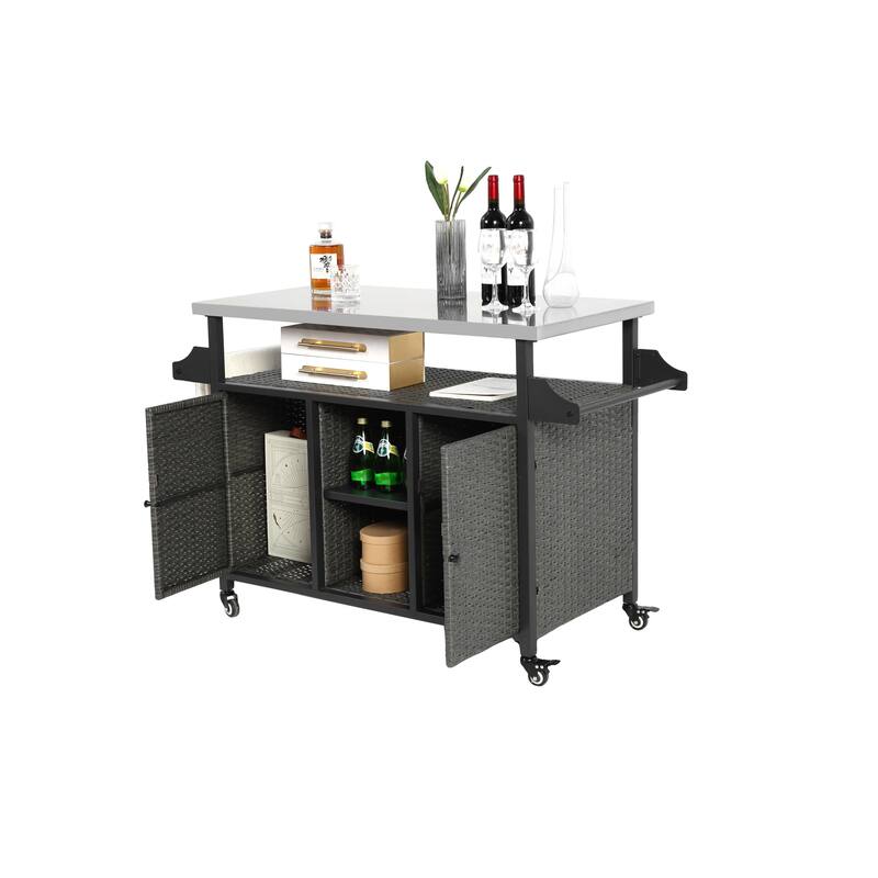 Large bar cart,Outdoor Kitchen Wicker Island Rolling Cart & Storage Cabinet, Wheels and Stainless Steel Extended Table Top