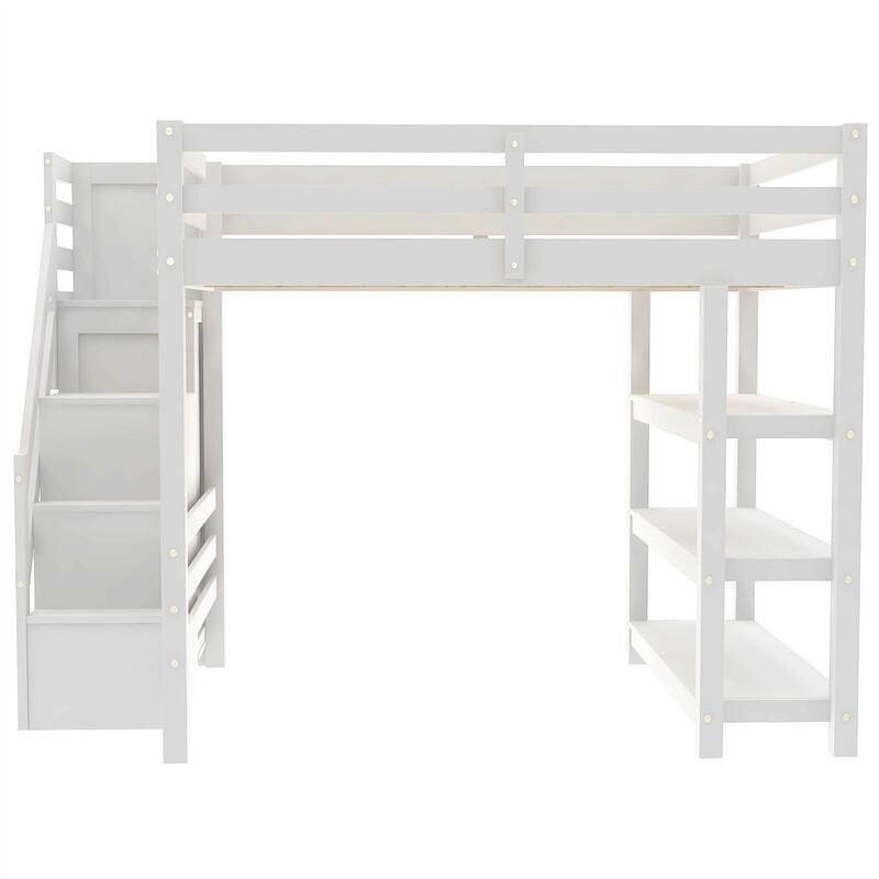 Twin/Full Size Loft Bed with Small Wardrobe and Storage Staircase, Solid Wood Loft Bedframe with LED Light and Storage Shelves