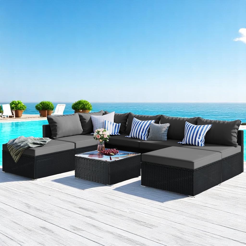 8-Piece Outdoor PE Wicker Patio Furniture Set, Modular Rattan Sectional Sofa with Ottomans for Garden, Backyard, or Poolside