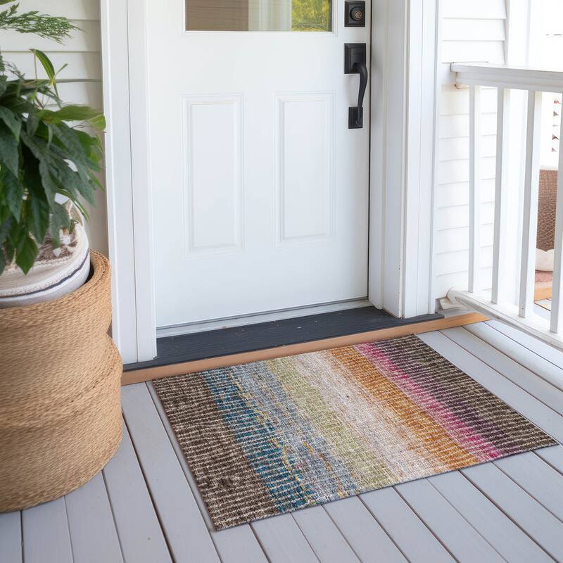 Machine Washable Indoor/ Outdoor Contemporary Stripes Chantille Rug - Chocolate - 1'8" x 2'6"