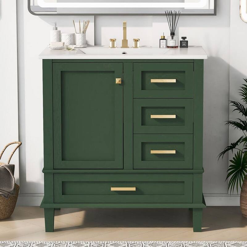 30" Bathroom Vanity With Sink, Solid Wood Bathroom Storage Cabinet - Green