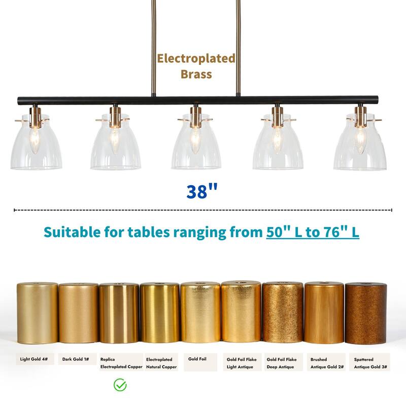 Modern 5-Light Black Gold Chandelier Linear Glass Island Lights for Dining Room - 38" L x 5" W x 8" H