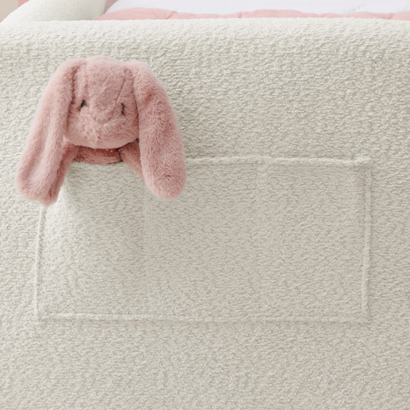 Twin Size Upholstered Platform Bed with Rabbit Ear Headboard, Boucle Fabric, Safety Rail and Storage Pocket for Kids