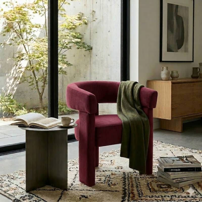 SEYNAR Modern Velvet Accent Chair, Upholstered Barrel Armchair with Curved Back and Thickened Padded Seat - Red