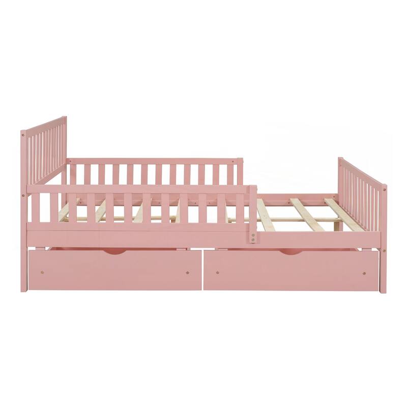 Full Size Wood Platform Bed with Guardrails on Both Sides