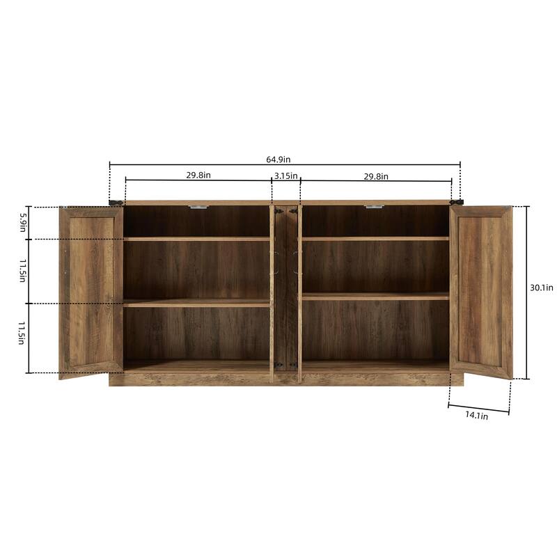 Rustic Faux Rattan Sideboard Adjustable Shelves Buffet Cabinet, Living Dining Room Accent Cabinet TV Cabinet Console Table, Oak
