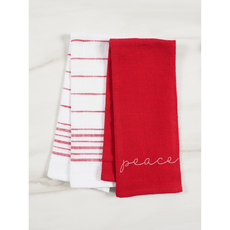 Kitchen Towels Holiday Red Embroidered Monaco - Peace (Set of 4) - 28" x 18"