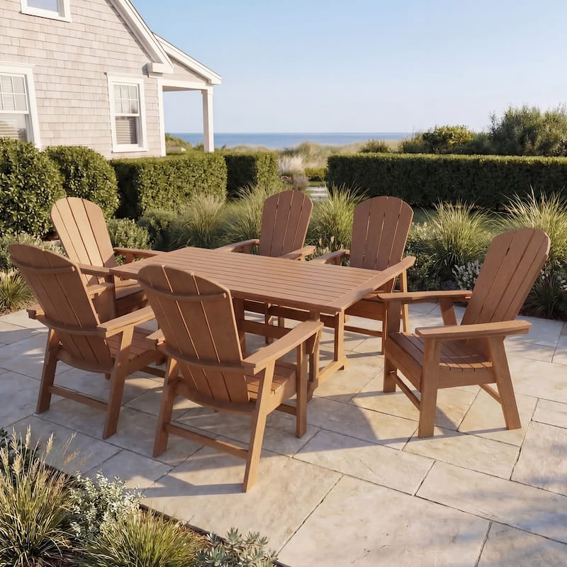 Laguna Hdpe All Weather Outdoor Patio Rectangular Adirondack Dining Chairs With Table (7-Piece Set) - Teak