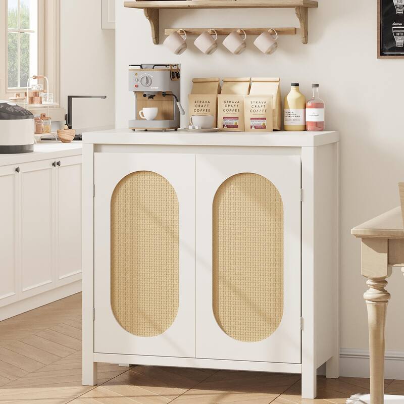 Rattan Storage Cabinet, Wooden Sideboard Buffet Cabinet with Doors and Shelves - White