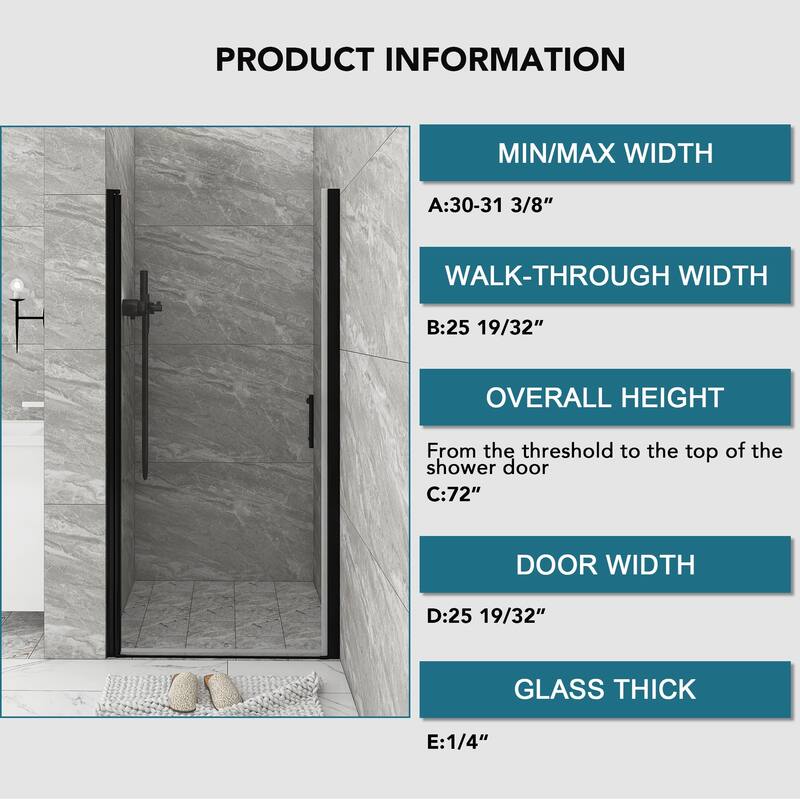 30/32/34/36 Inch Semi-Frameless Pivot Shower Door with Clear Tempered Glass