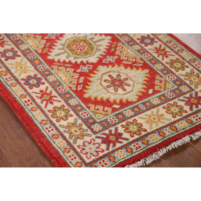 Geometric Kazak Oriental Foyer Rug Handmade Red Wool Carpet - 2'0" x 2'11"