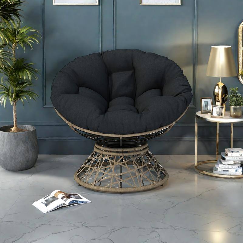 Polypropylene Wicker Swivel Lounge Chair with Thick Cushion and 360° Rotation - Black,Brown