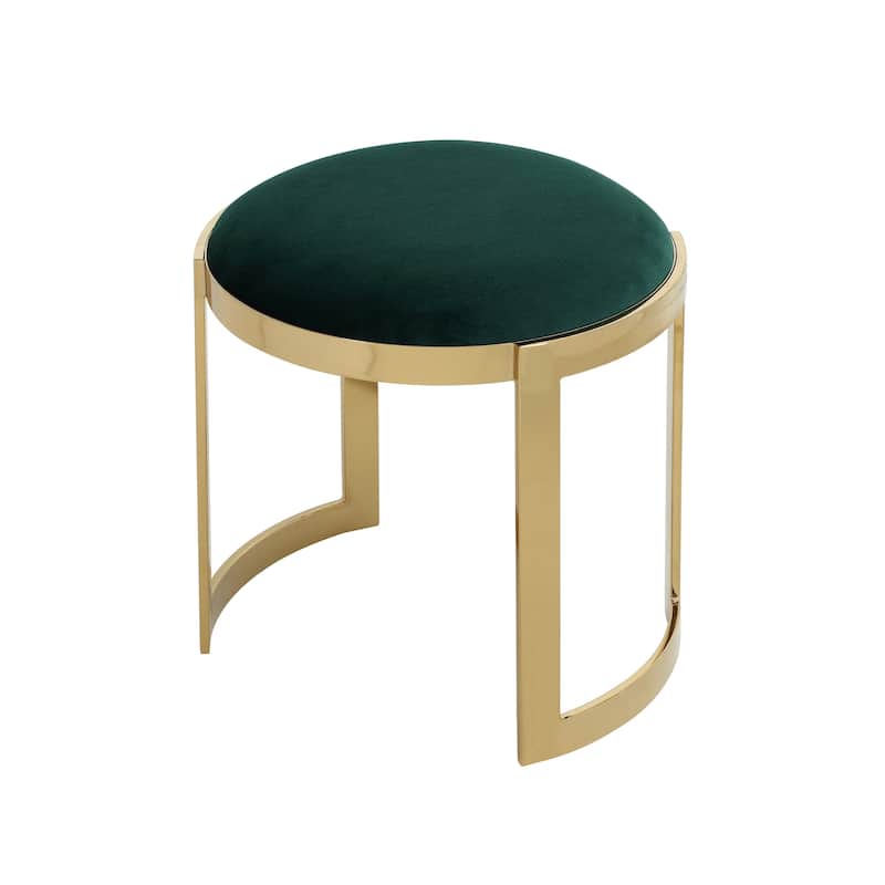 Niyo 19 Inch Accent Stool Ottoman, Round Cushioned Green Velvet Seat, Gold