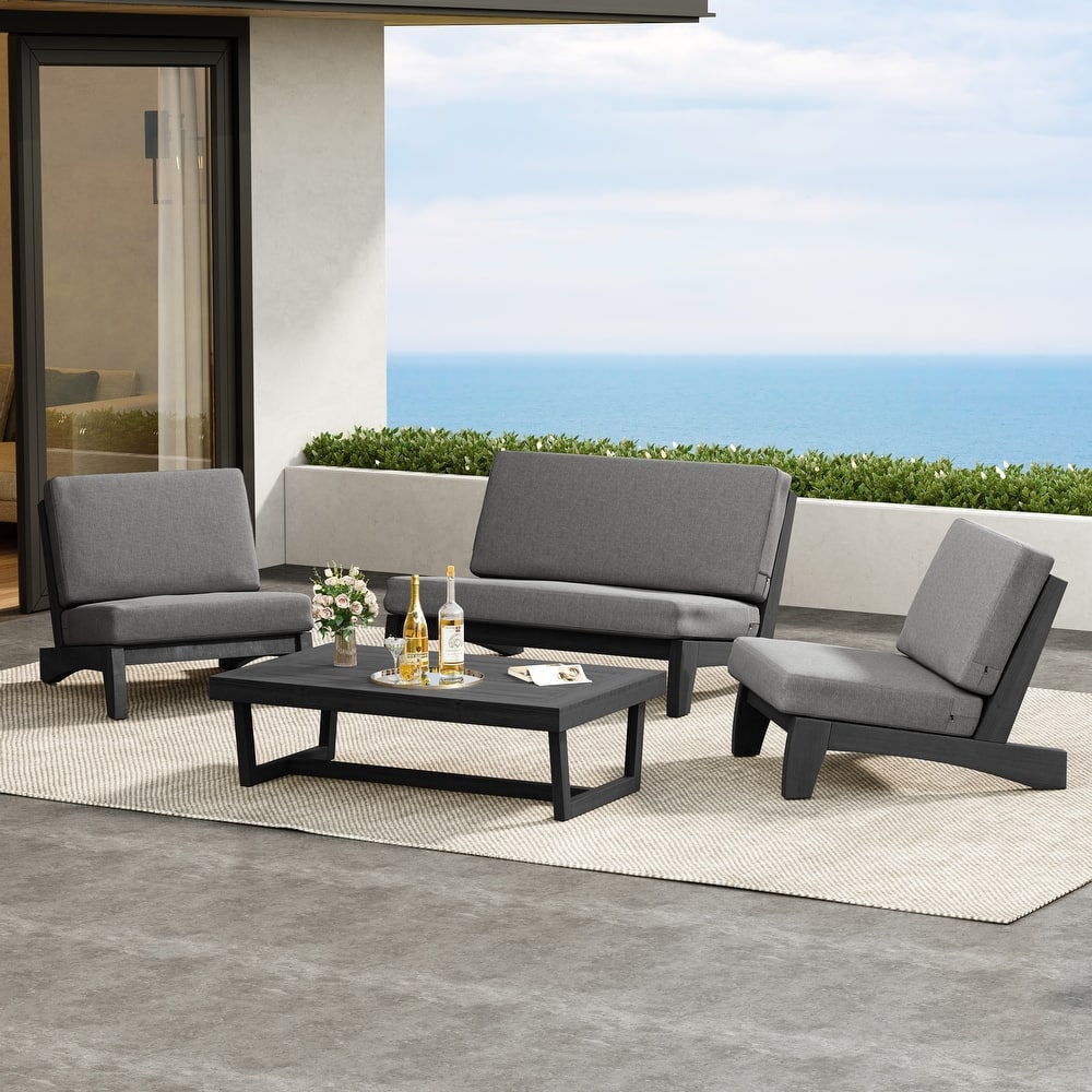 4 Pieces Wood Sectional Sofa Patio Conversation Set With Cushion