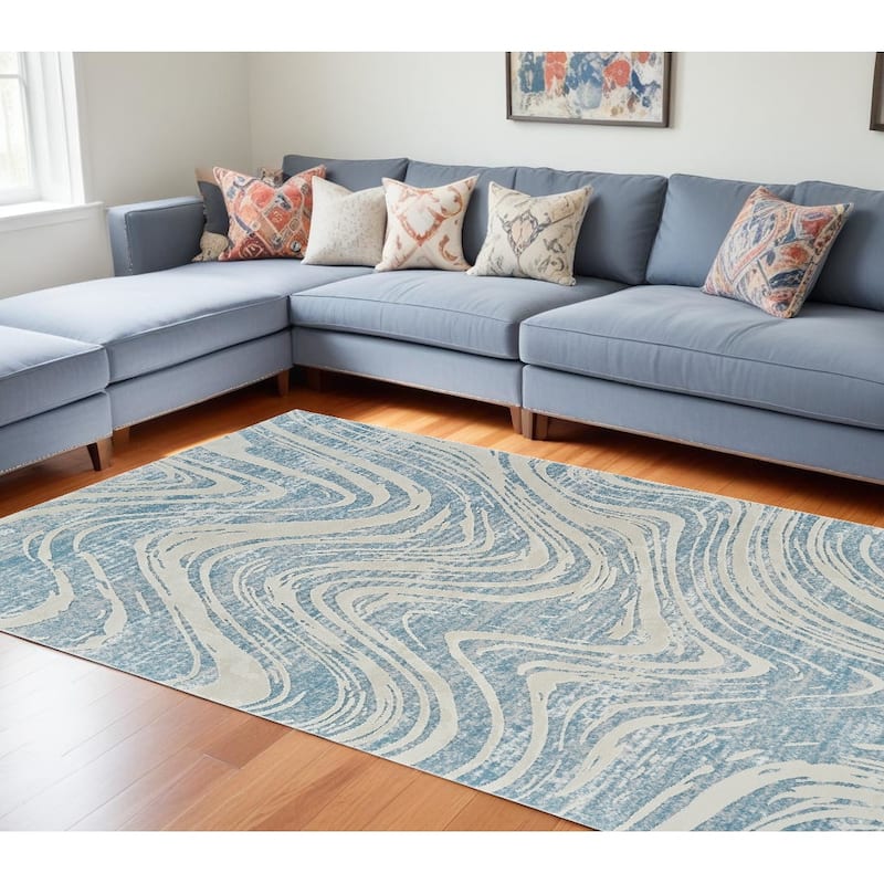 Bigiz Distressed Abstract Modern Stain Resistant Woven Durable Area Rug By HomeRoots - 7' X 10' - Oxford Blue - Rectangle