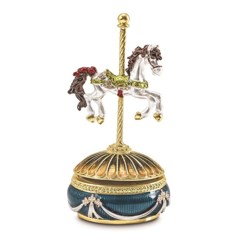Curata Pewter Crystals Gold-Tone Enameled Pal (Plays ItS a Small World) Carousel Horse Musical Figurine