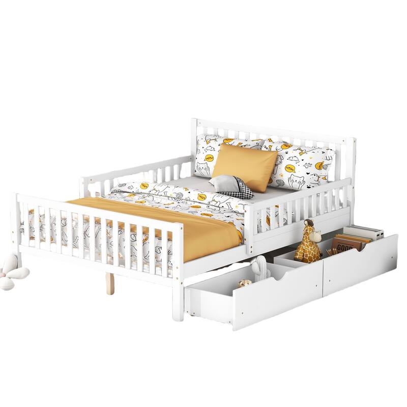 Full Size Wood Platform Bed with Guardrails and Two Drawers