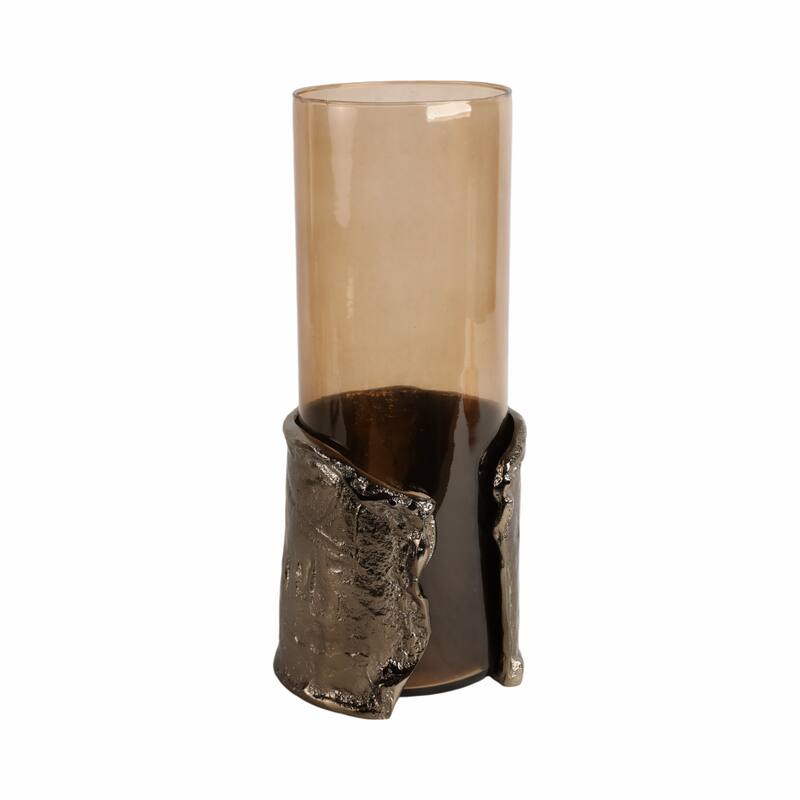 Candle Holder - Brown Glass with Metal Wraparound