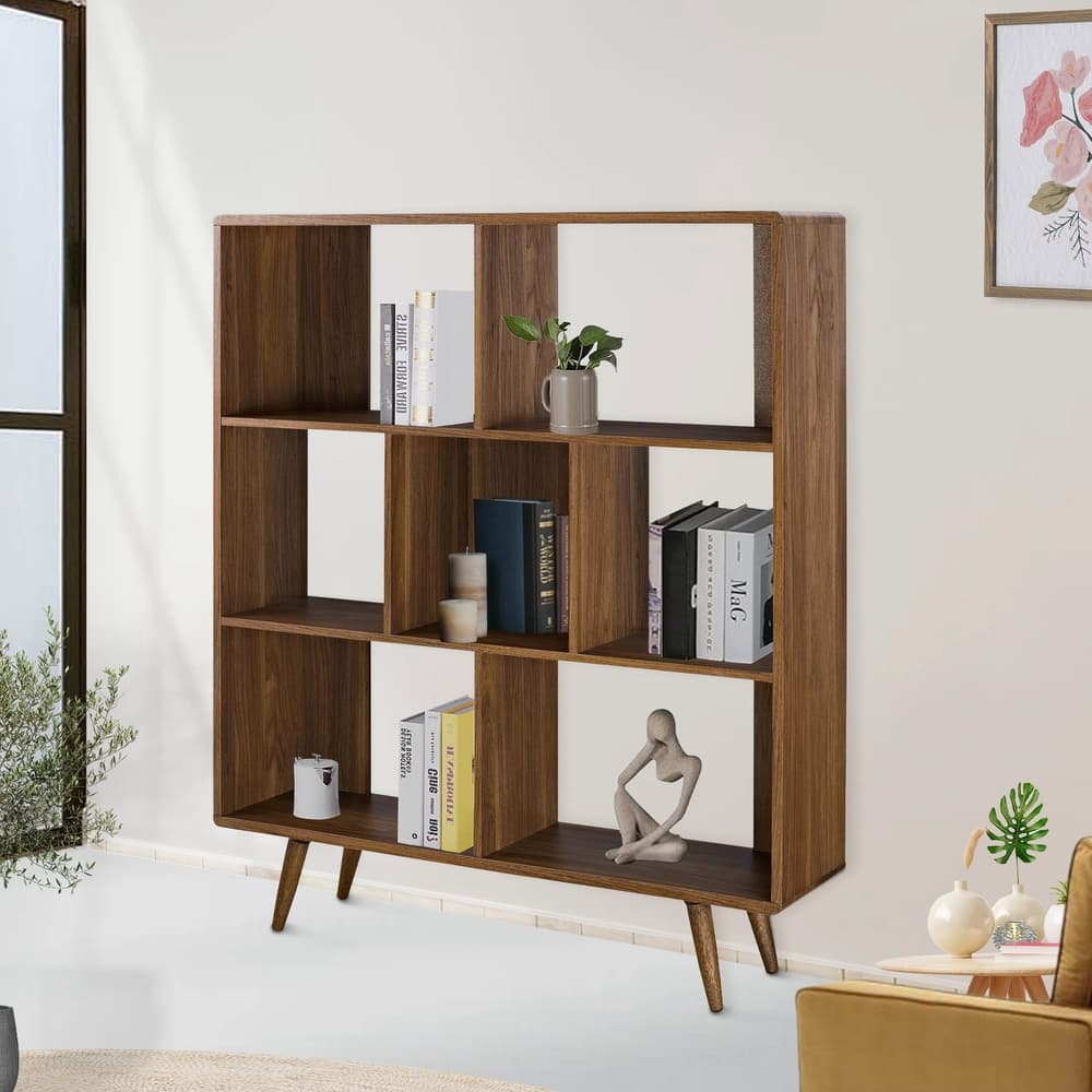 Arbor Mid-century Modern Walnut Wooden 7 Shelf Bookcase Display Cabinet
