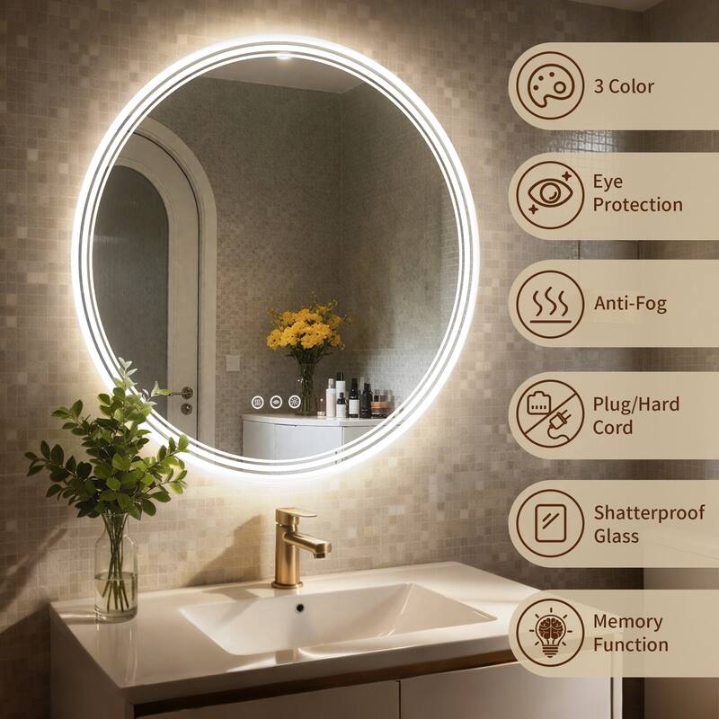 UL Certified Round Frameless Wall Mounted Anti Fog LED Bathroom Vanity Mirror, 3-Color Dimmable, HD Tempered Glass