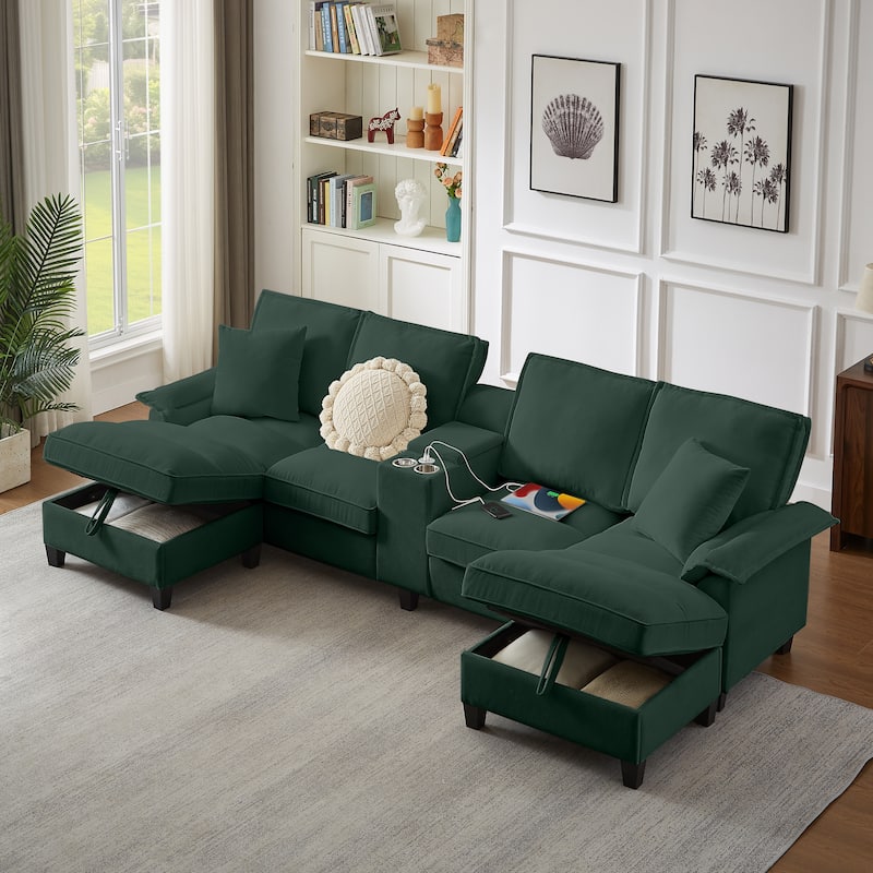 Corduroy U-shaped Sectional Sofa with Double Storage Chaise Lounge, Console Table with Charging Station, Box and Cup Holders